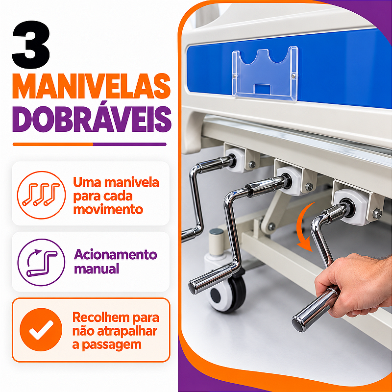 Cama Hospitalar 03 Manivelas MOV3 Até 230 Kg - Movilife