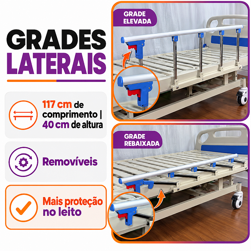 Cama Hospitalar 03 Manivelas MOV3 Até 230 Kg - Movilife