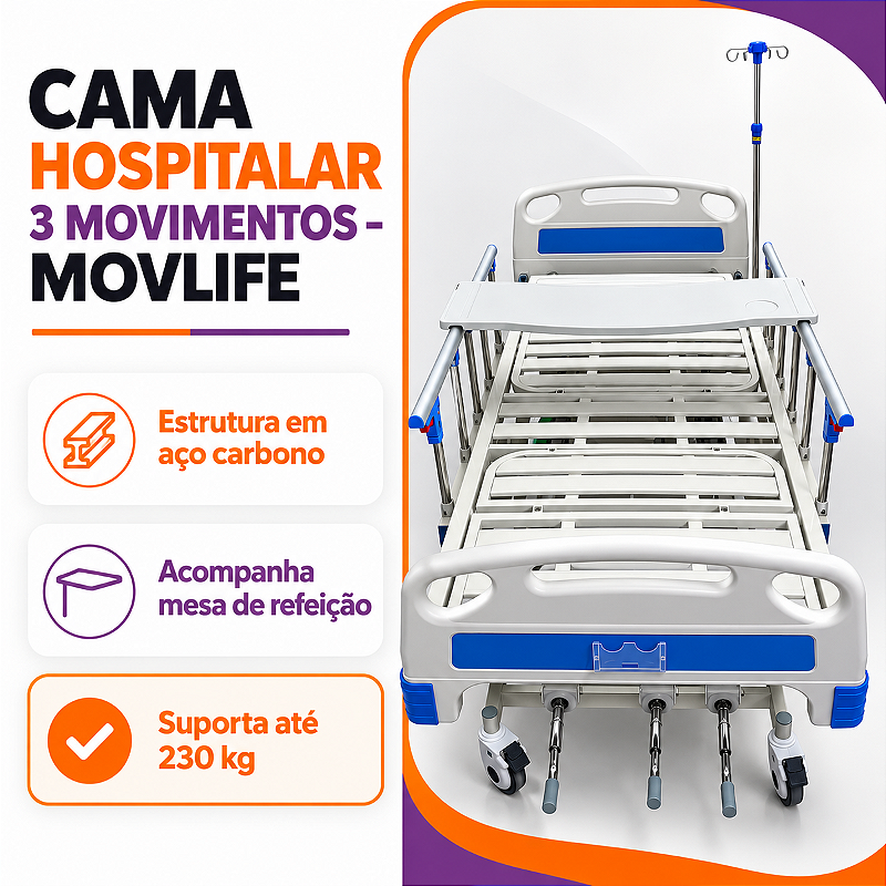 Cama Hospitalar 03 Manivelas MOV3 Até 230 Kg - Movilife