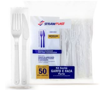 Kit Sachê Garfo e Faca Churrasco Extra Forte Branco 20 kits - Strawplast