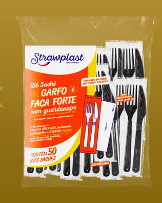 Kit Sachê Garfo e Faca Forte com Guardanapo - Strawplast