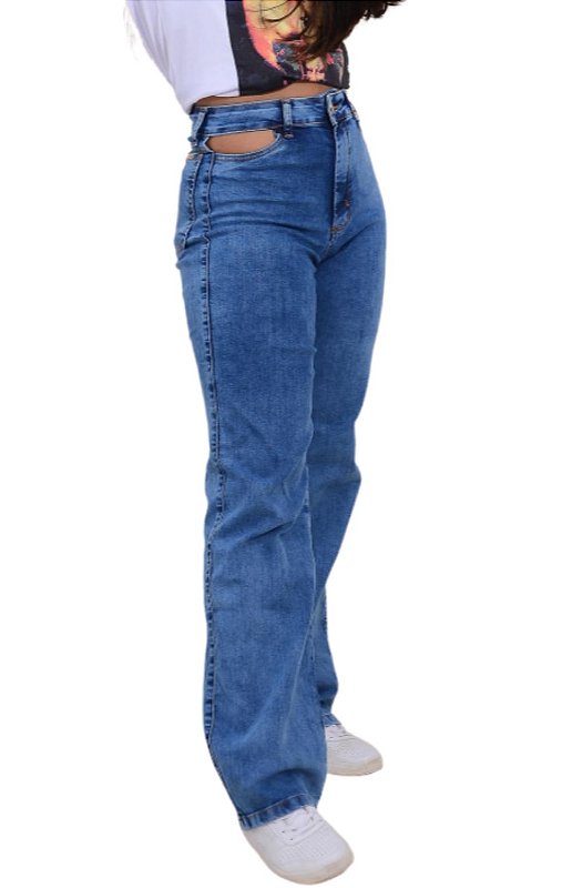 Calça Jeans Wide leg cut out Pocket bolso Vazado Cintura Alta Elastano -  Loja online penutt