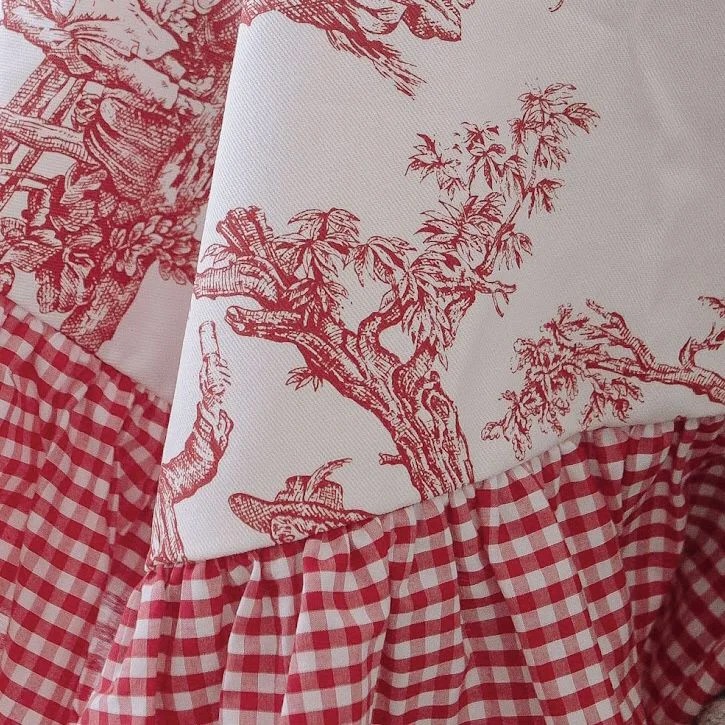 Toalha mesa toile de jouy vermelho com babado xadrez vermelho - kasa 57