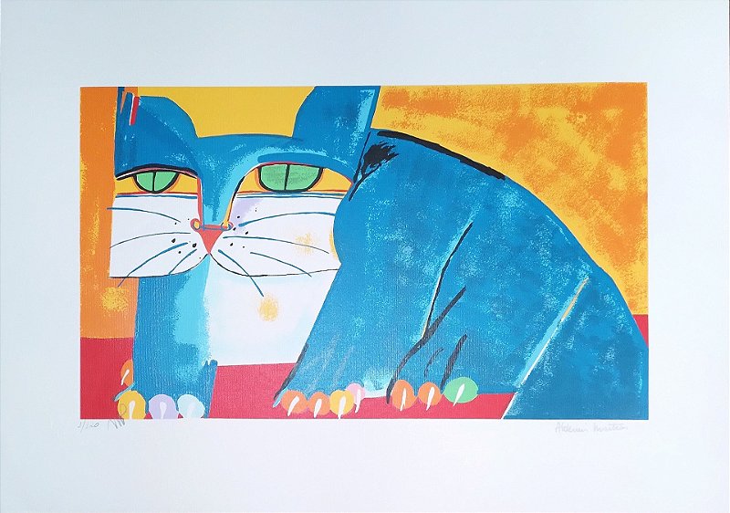 Gravura Gato Azul com fundo Alaranjado