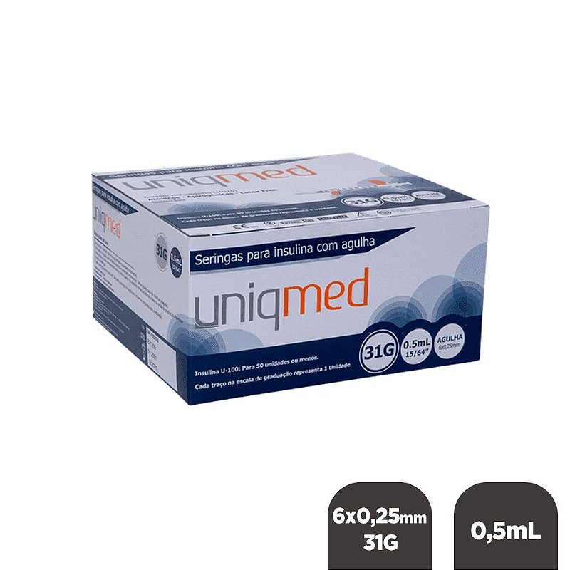 Seringa Insulina 0,5mL 50UI Agulha 6x0,25mm 31G CX C/ 100un Uniqmed -  Cirúrgica Joinville | Produtos Médicos e Hospitalares