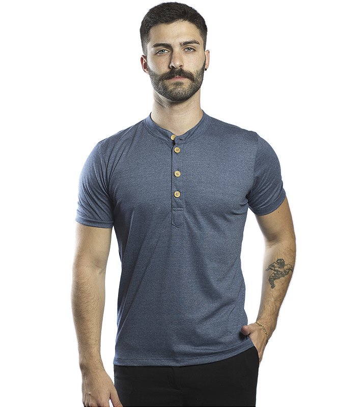 Camisa Henley Masculina Manga Curta Azul Gs One Roupas Ecológicas