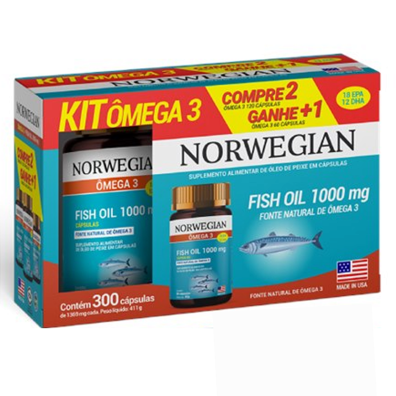 Ômega 3 1000mg Norwegian Kit Compre 2 potes de 120 e ganhe + 1 com 60 Cápsulas Made in U.S.A Sidney Oliveira