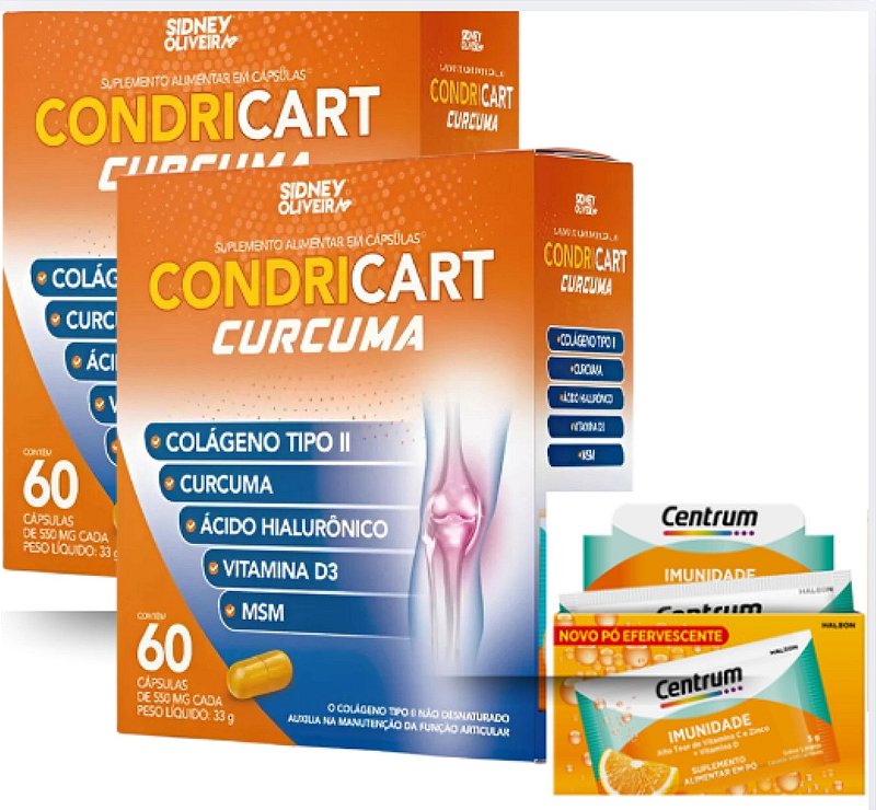 Kit2X Colágeno Tipo II + Cúrcuma + 1 Sachê Vitamina C Centrum Imunidade