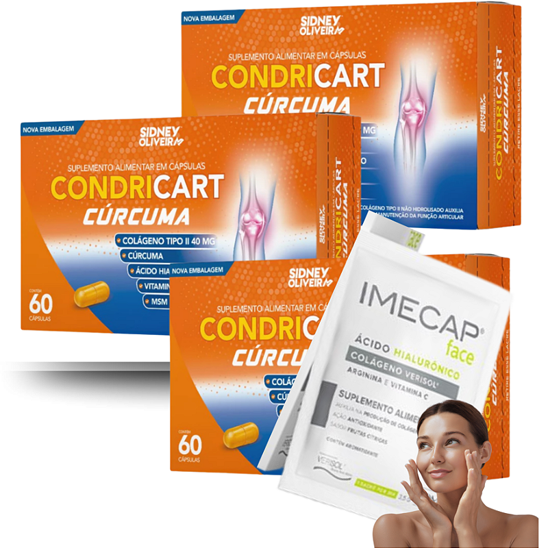 kit 3x Colágeno Tipo II + Cúrcuma Ácido Hialurônico Leve também 1 Sachê de Coláegno Verisol