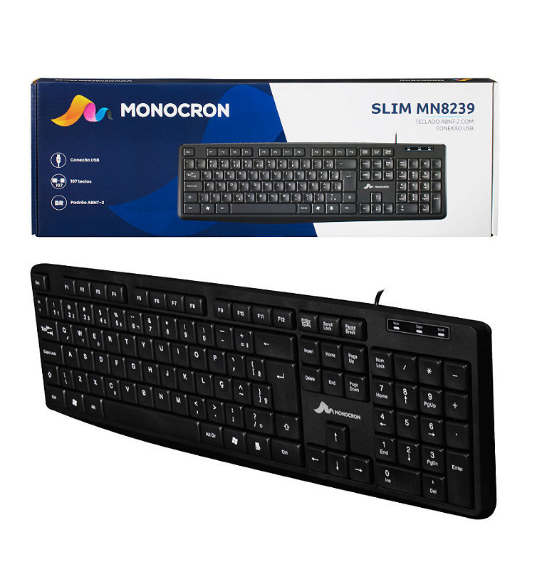 Teclado USB Monocron Slim MN8239 Preto ABNT-2 107 Teclas 1.5m