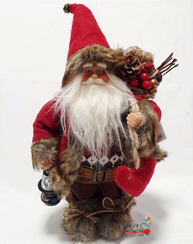 Boneco Papai Noel em Pé Vermelho e Marrom Segurando Lanterna e Coração 90cm  - Ref 73581001 D&A - CCS Decorações