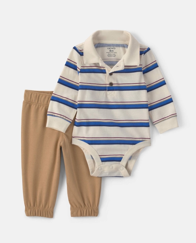 Conjunto de body e calça listrados de manga comprida para bebê menino - Creme/Cáqui