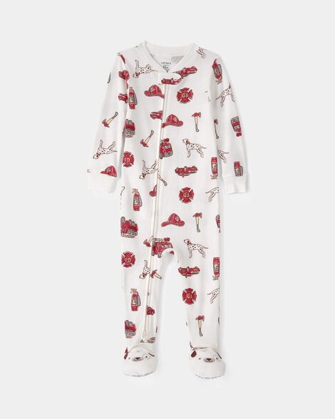 Pijama Macacão de Bebê Menino com Estampa de Caminhão de Bombeiros, 100% Algodão — Branco.