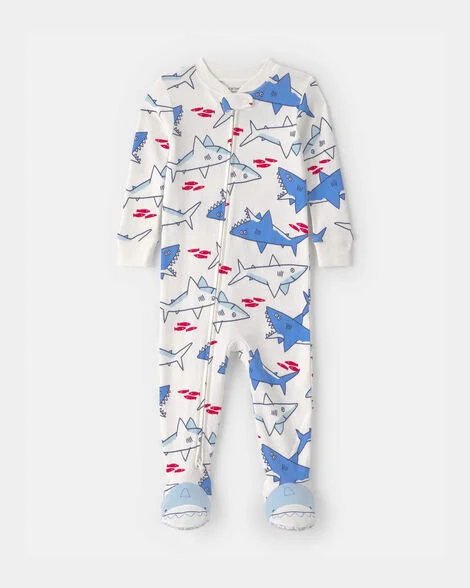 Pijama Macacão de Bebê Menino Tubarão, 100% Algodão, Ajuste Justo — Marfim/Azul.