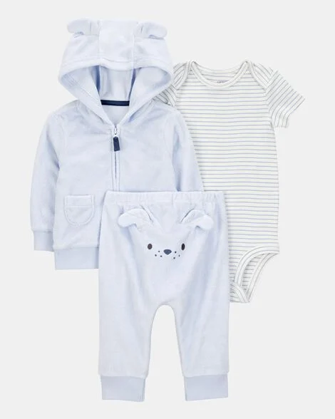 Conjunto de Bebê com 3 Peças e Cachorrinho, com Cardigã — Azul.