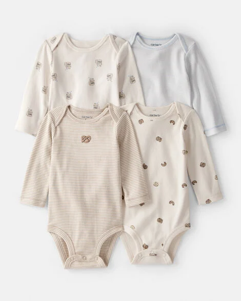 Kit com 4 Body de Manga Longa para Bebê — Coleção Snack Time, Azul/Branco/Marrom