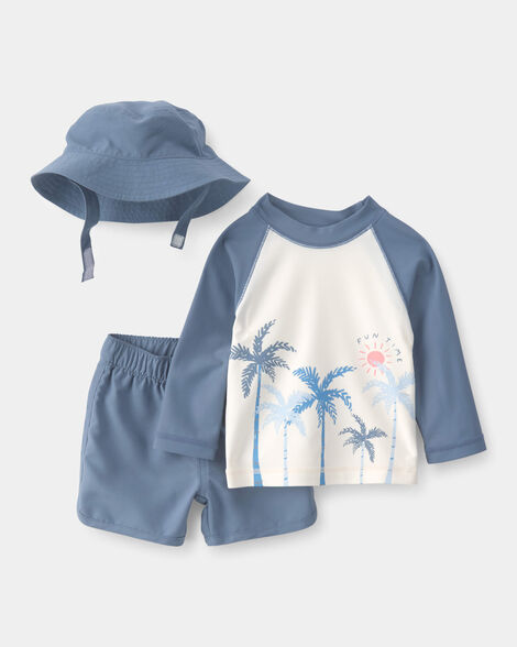 Conjunto de Banho Infantil Masculino com 3 Peças — Proteção UV de Manga Longa, Estampa de Coqueiros, Azul/Branco