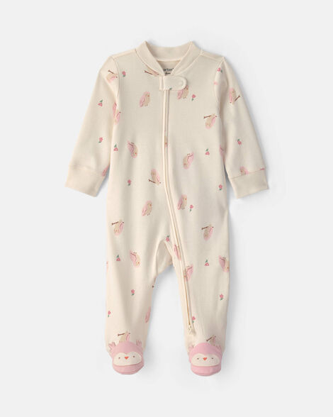 Pijama Macacão para Bebê Menina com Corujinhas, 100% Algodão, Zíper de Duas Vias – Creme