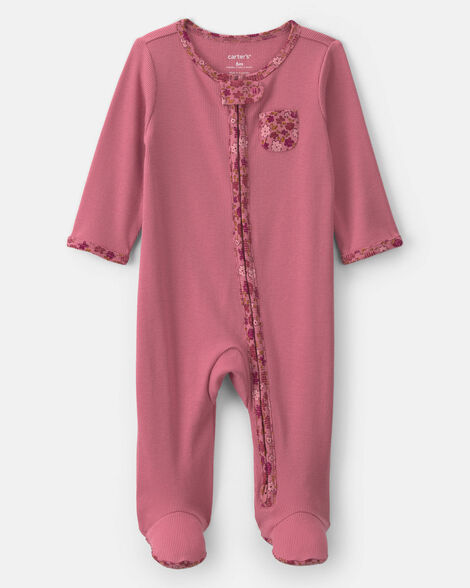 Pijama Macacão para Bebê Menina Floral em Algodão, com Zíper de Duas Vias – Rosa