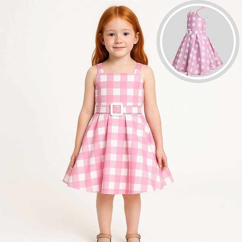 Vestido Infantil Xadrez Quadriculado Rosa Bebê Barbie KATITUS
