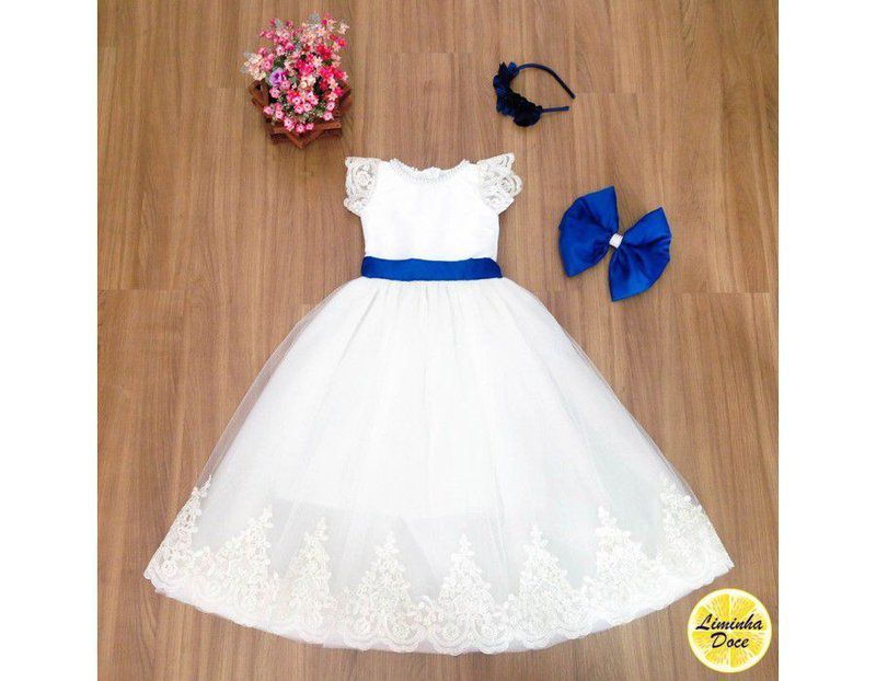 vestido daminha branco com azul royal