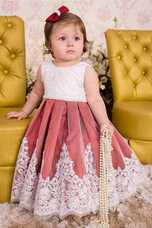 Vestido para Dama Branco e Marsala Infantil Liminha Doce