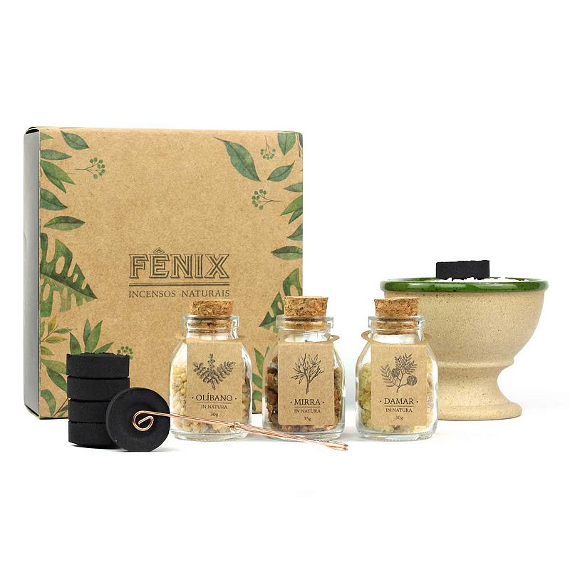 Kit Reis Magos - Olíbano, Mirra e Damar + Turíbulo Fênix, Carvão e