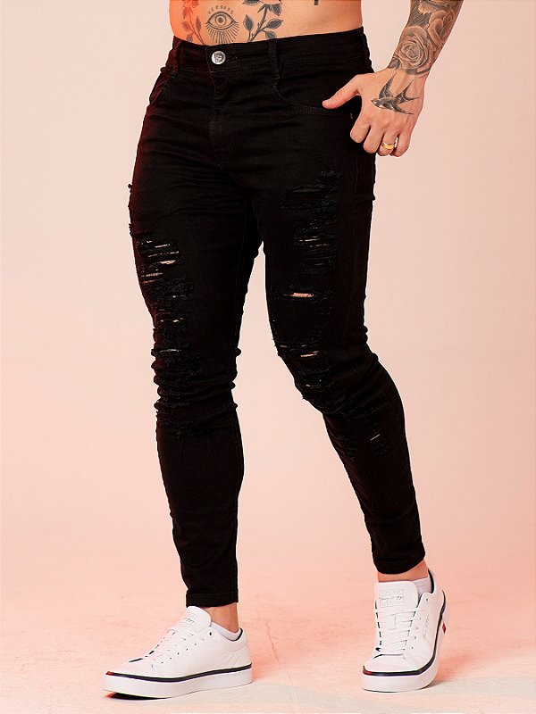 Calça Jeans Preta Super Skinny Destroyed - Traje Urbano