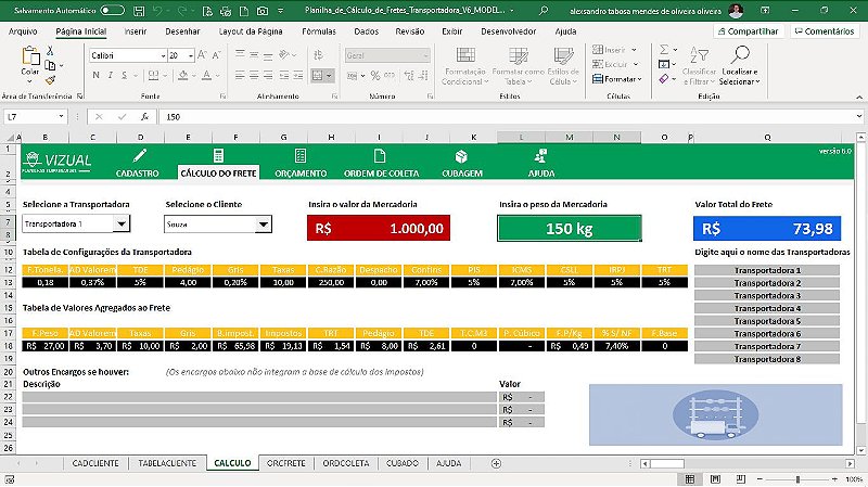 Planilha de Cálculo de Fretes em Excel 6.0 - Vizual Planilhas Empresariais  - Planilhas em Excel de Alto Padrão para Empresas