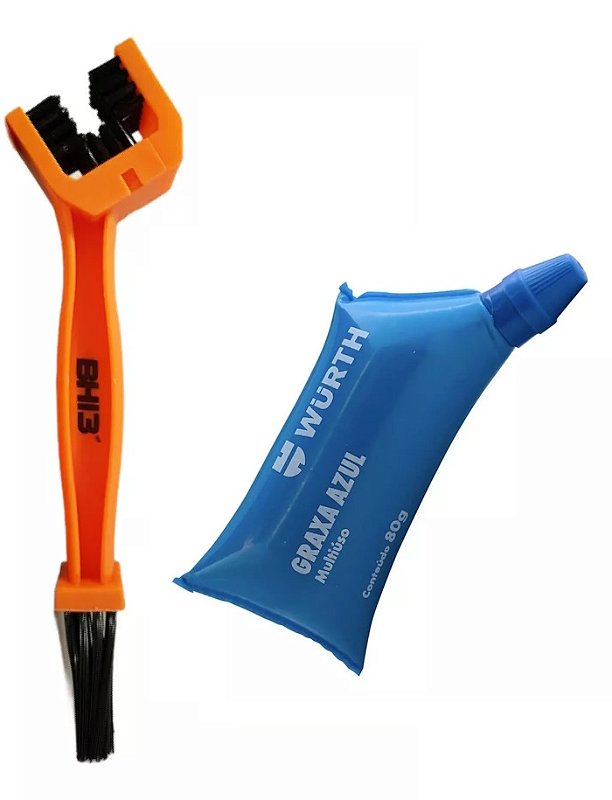 Kit Escova Limpeza Corrente Moto e Bicicleta Wurth Graxa Azul Multiuso 80g