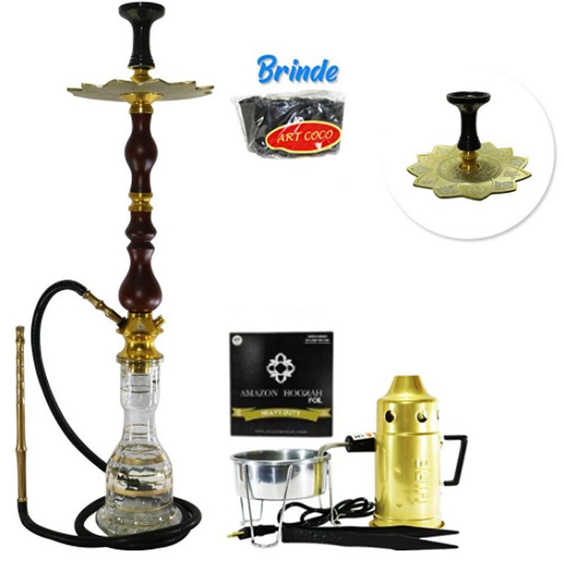 Narguile Luxury Amazon Hookah Completo Kit Dourado/ Madeira Azarte