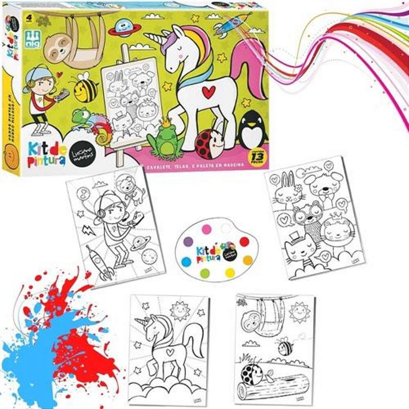 Kit Pintura Infantil Desenhos Luciano Martins com Cavalete Tintas e Tela  Infantil 13 Peças - Camilo's Variedades