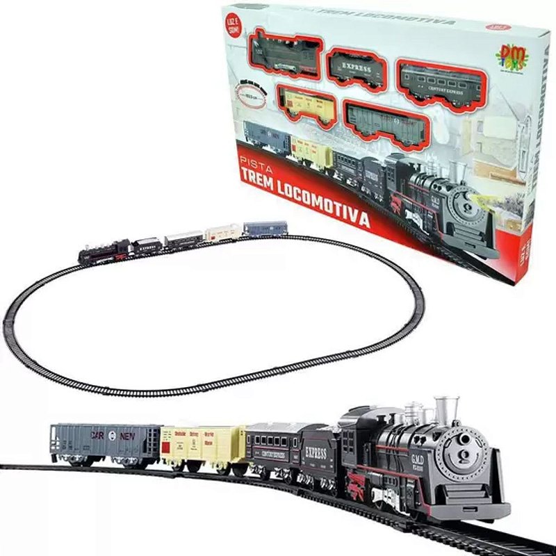 Brinquedo Pista Locomotiva Trem Elétrico c/ Sons Luzes 196cm - USA Magazine