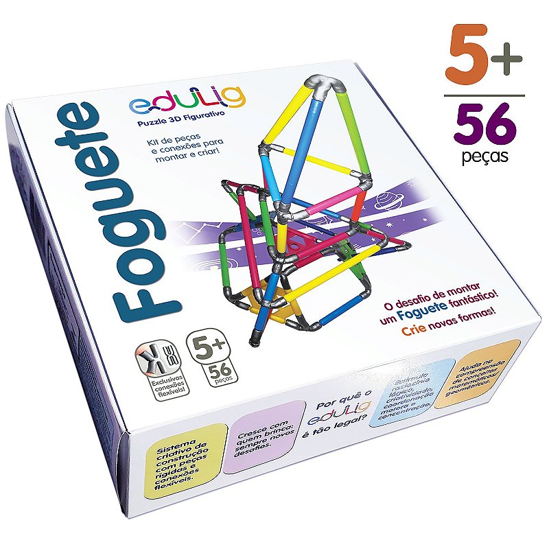 Quebra-cabeça Edulig Puzzle 3D Foguete - 56 peças e conexões - 6