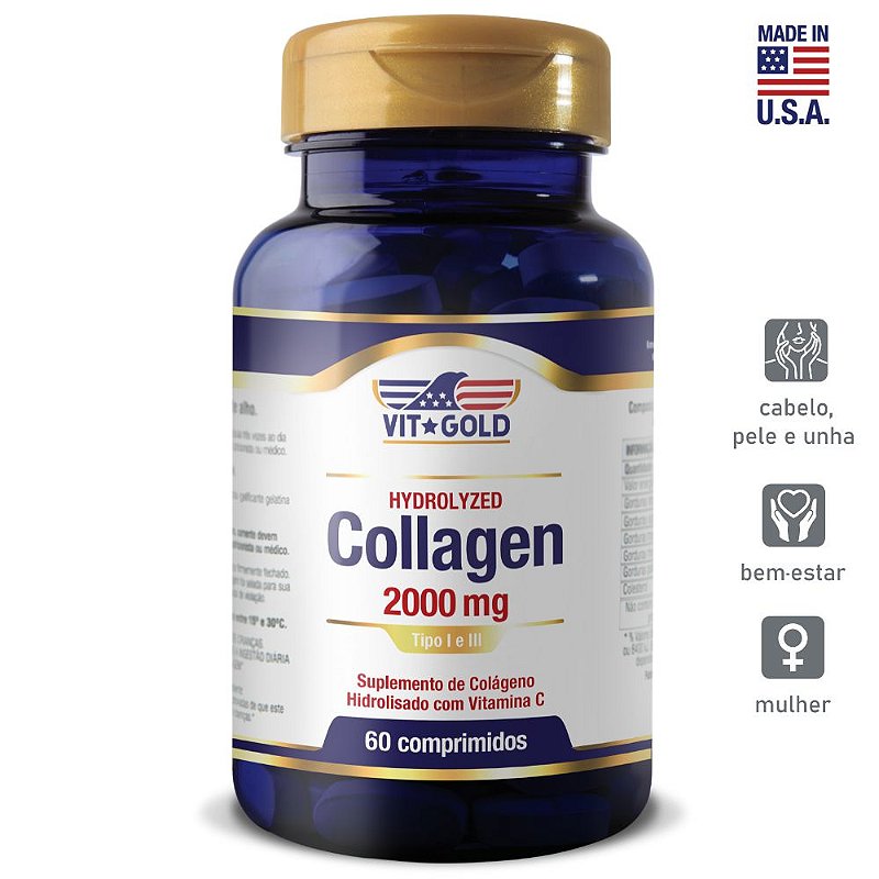 Colágeno Hidrolisado Tipo I e III Vitgold 60 comprimidos - Vitgold Vitamins  - Loja Oficial