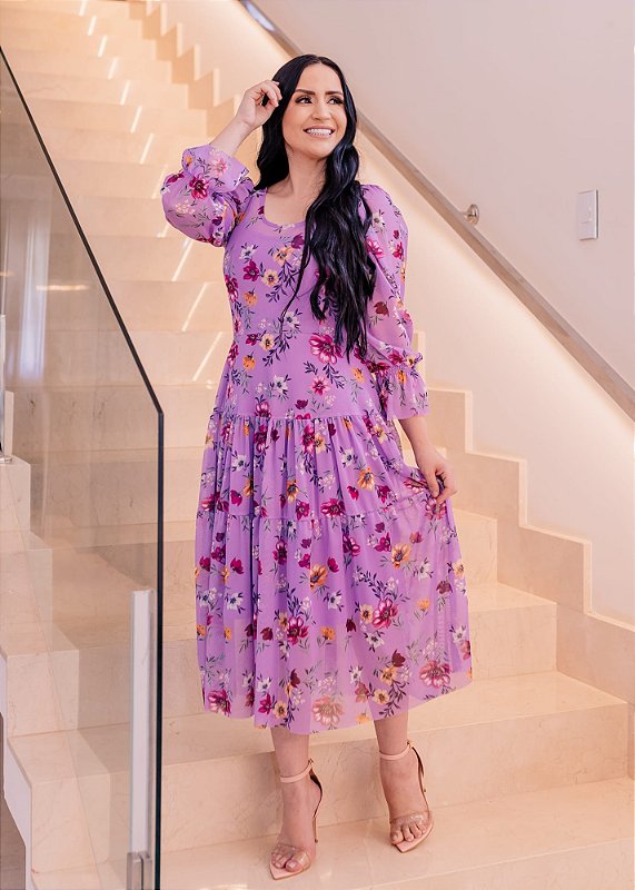 Vestido Midi God Lil s Floral Forrado em Tule