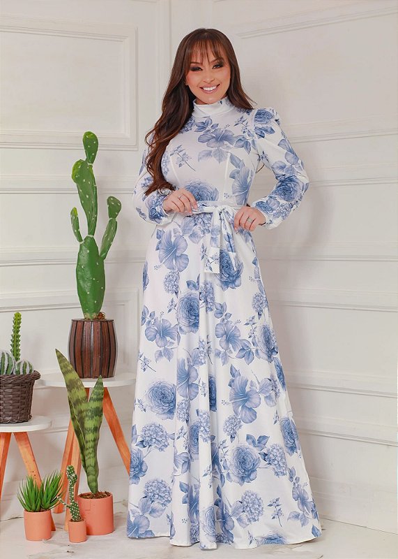 Vestido Longo Azul e Branco Floral em Suplex Soft - Flor de Amêndoa - Moda  Evangélica, Moda Feminina, Moda Cristã, Moda Modesta - Loja Flor de Amêndoa