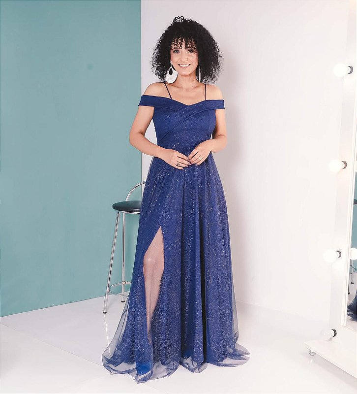 Vestido Noite Intensa Com Tule de Brilho Azul Marinho