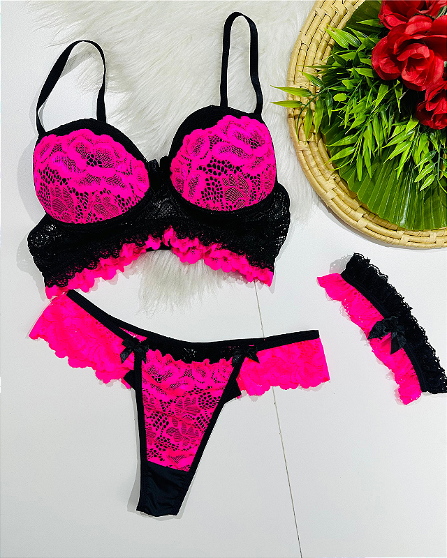CONJUNTO PINK NEON C/ PRETO CALCINHA RENDA E PERNEIRA
