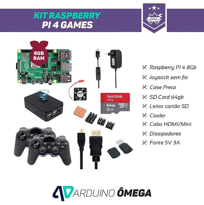 Kit Raspberry PI 4 Games - 8GB RAM Model B SD Card 64GB Case