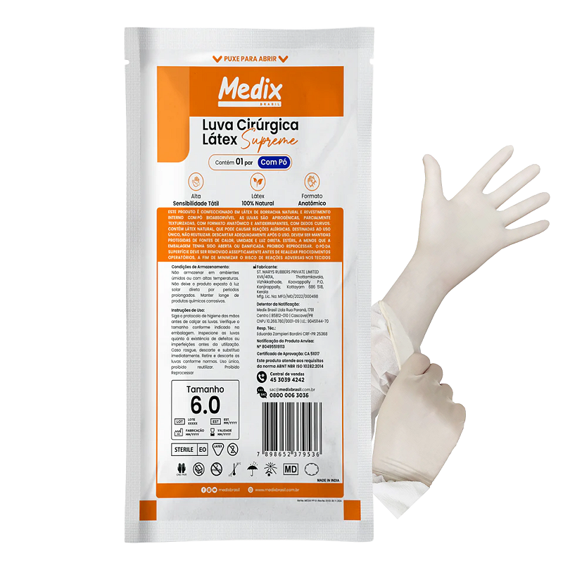 ☀️MEDISHINE+ UV WHITE Luva Cirúrgica Estéril Supreme Com Pó 6.0 - Par - Medix - Produtos