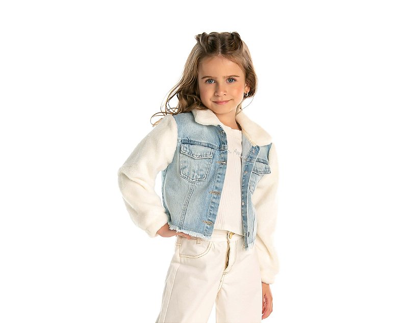 Jaqueta Jeans Infantil Feminina Manga de Pele Tipinhos Moda