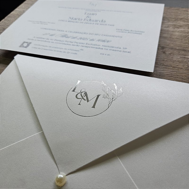 Convite casamento clássico brasao hotstamping prata (opcional)