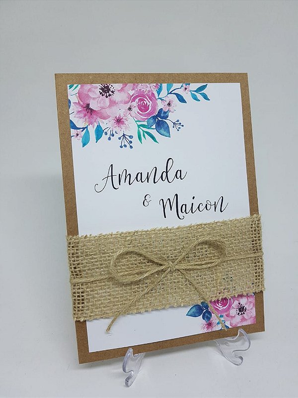 Convite floral com juta