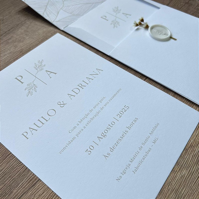 Convite casamento branco com lacre forrado