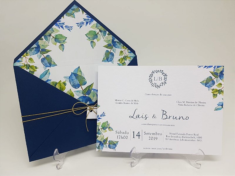 Convite de casamento azul com folhagens
