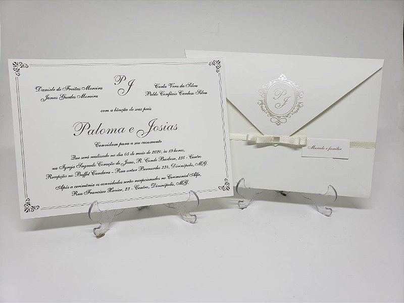 Convite casamento classico pérola brasao metalizado