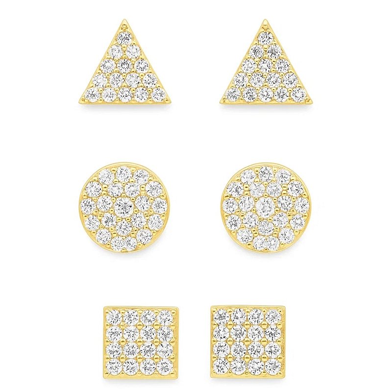 Trio de brincos formas geométricas cravejado folheado em ouro 18k