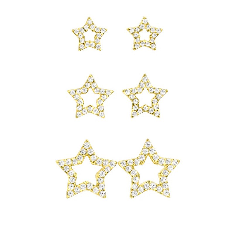Trio de brincos de estrela vazada e cravejada com zircônias folheado em ouro 18k