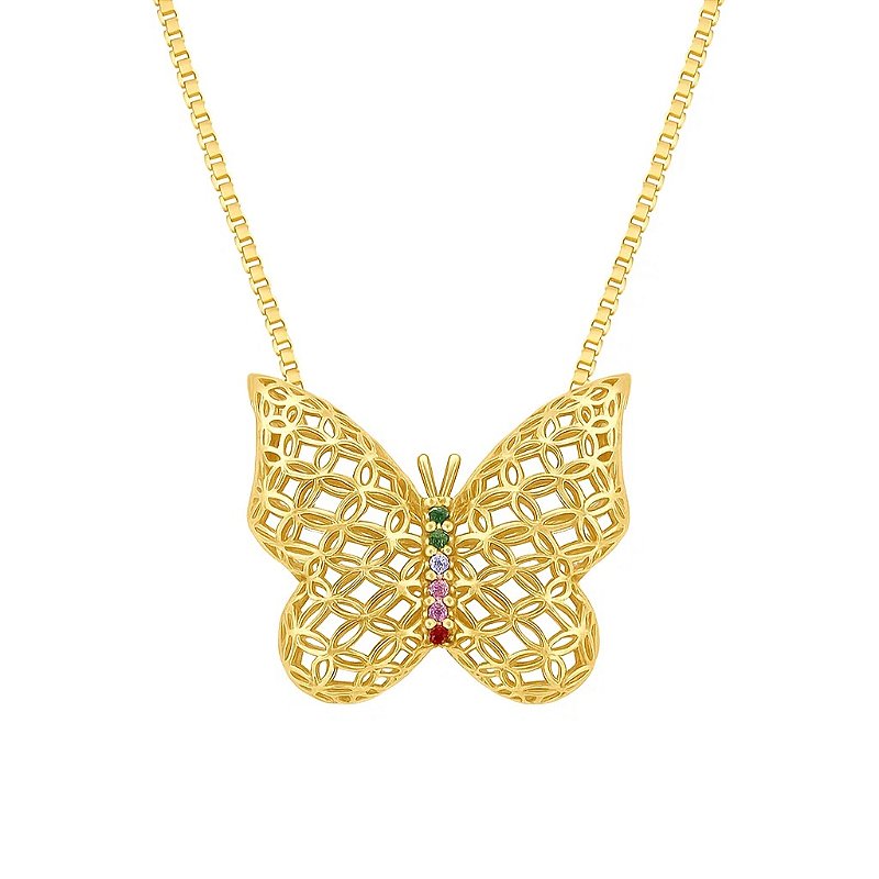 Colar Com Borboleta Cravejada Banhada em Ouro 18k